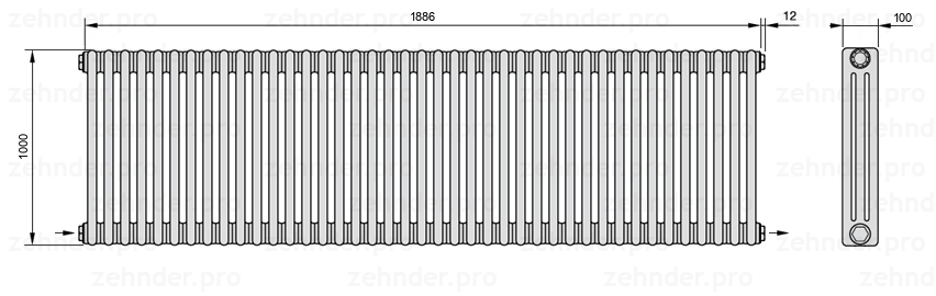 Схема (чертеж) Радиатор Zehnder Charleston 3100/41 №2670 Белый глянцевый RAL 9016